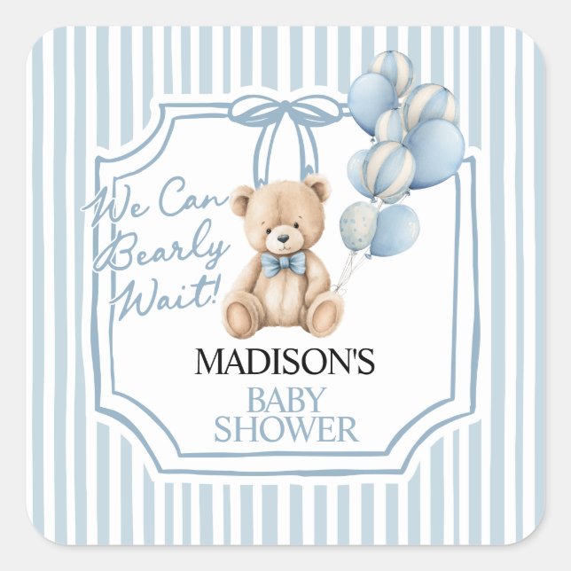 Pegatina Cuadrada Blue Bear Baby Shower  (Anverso)