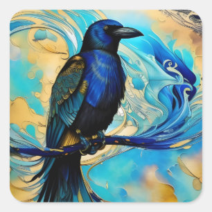 Pegatina Cuadrada Blue Black Raven en abstracto azul y oro