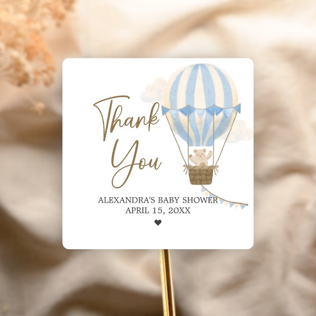 Pegatina Cuadrada Blue Boho Bear Baby Shower  (Oh Baby Bear Baby Shower Sticker)