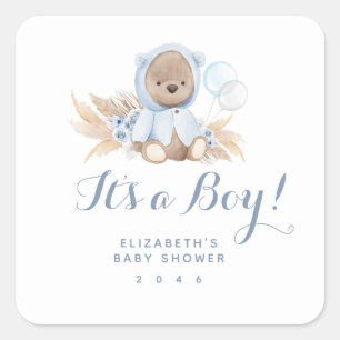 Pegatina Cuadrada Blue Boho Teddy Bear Boy Baby Shower