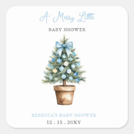 Pegatina Cuadrada Blue Bow Christmas Tree Merry Little Baby Shower