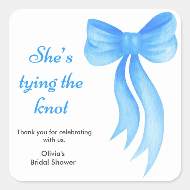 Pegatina Cuadrada Blue Bow She's Tying the Knot Bridal Shower   (Anverso)