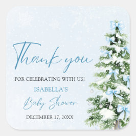 Pegatina Cuadrada Blue Bows Christmas Tree Boy Winter Baby Shower