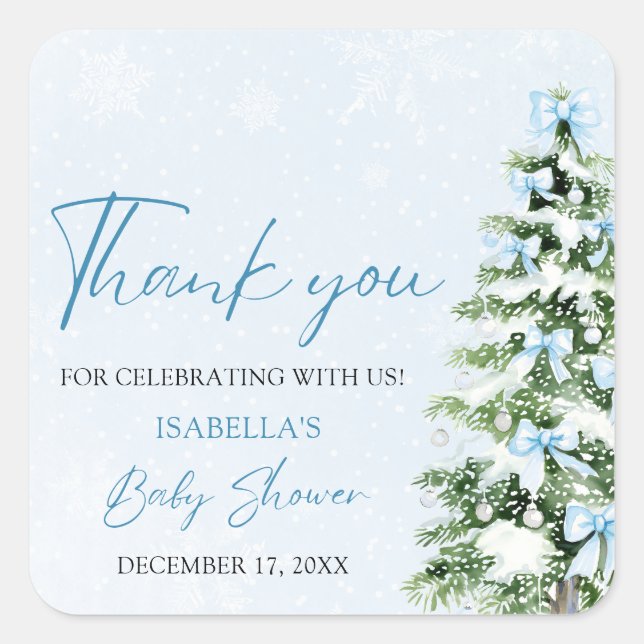 Pegatina Cuadrada Blue Bows Christmas Tree Boy Winter Baby Shower (Anverso)