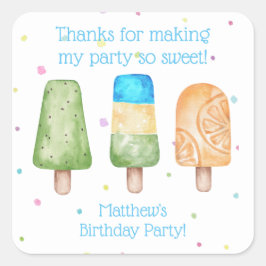 Pegatina Cuadrada Blue Boys Summer Popsicle Birthday Favor