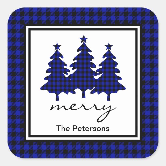 Pegatina Cuadrada Blue Buffalo Check Pine Trees Personalized (Anverso)