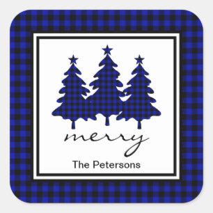 Pegatina Cuadrada Blue Buffalo Check Pine Trees Personalized