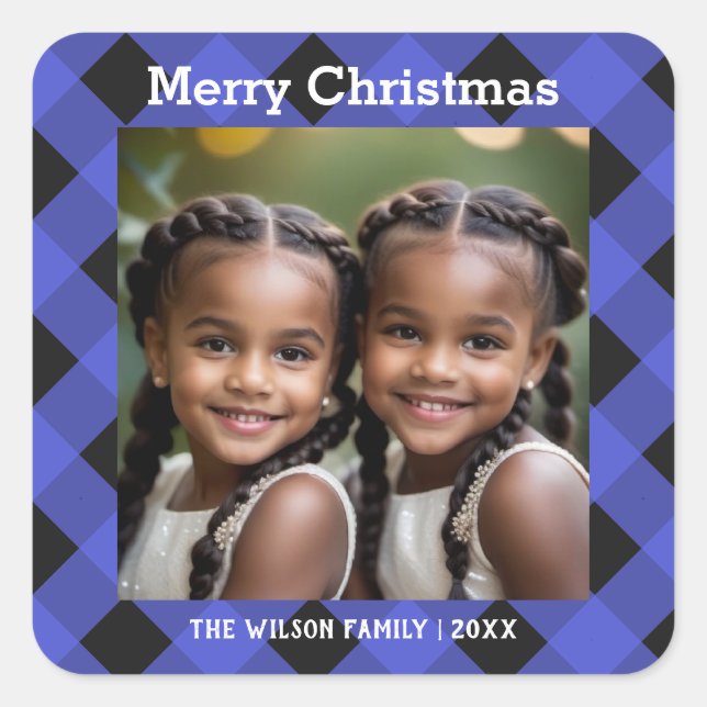 Pegatina Cuadrada Blue Buffalo Plaid Personalizado Foto Feliz Navida (Anverso)