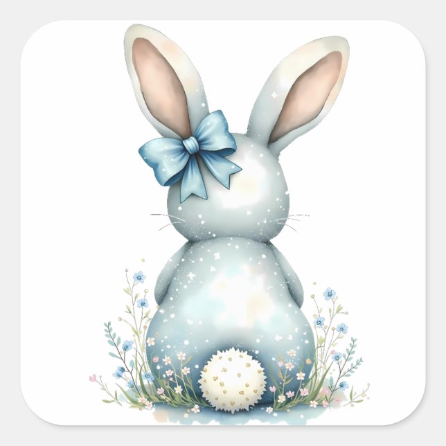 Pegatina Cuadrada Blue Bunny Tail Cottontail Easter Bunny con huevos (Anverso)