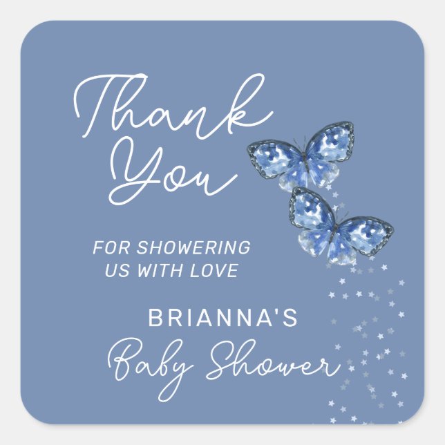 Pegatina Cuadrada Blue Butterflies Boy Twins Baby Shower Gracias (Anverso)