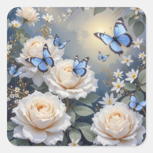Pegatina Cuadrada Blue Butterflies On White Roses and Daisies (Anverso)