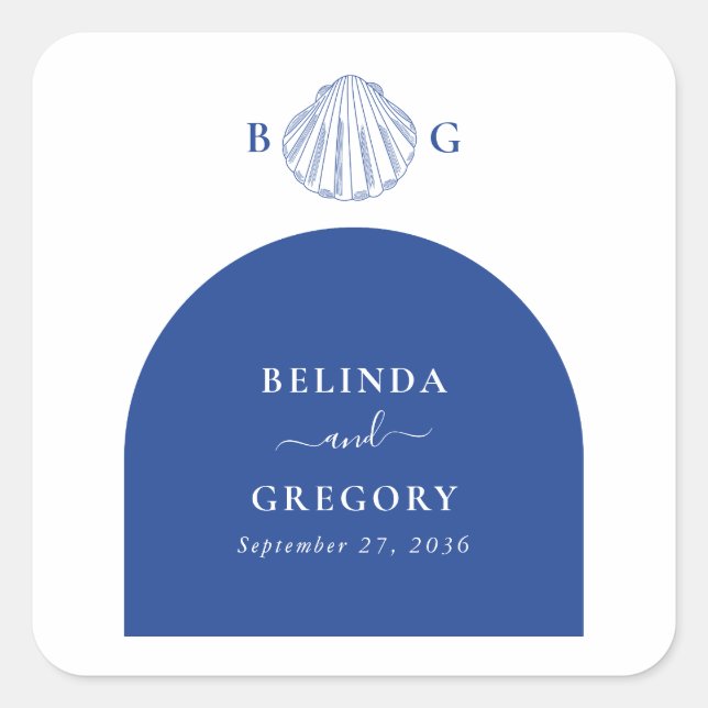 Pegatina Cuadrada Blue Clam Seashells Coastal Seaside Beach Wedding (Anverso)