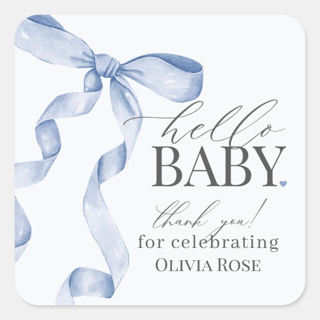 Pegatina Cuadrada Blue Coquette Bow Chica Baby Shower Favor (Anverso)