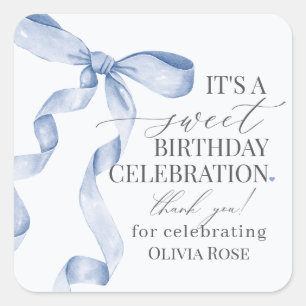 Pegatina Cuadrada Blue Coquette Bow Chica Birthday Party Favor