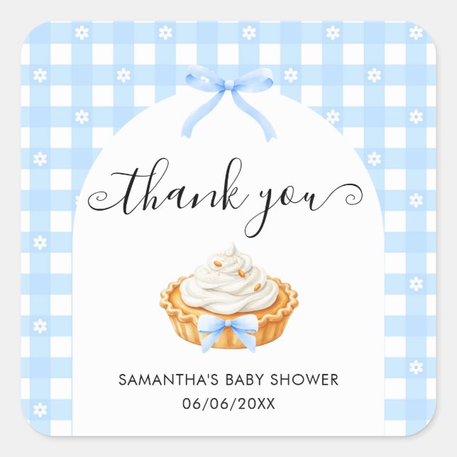 Pegatina Cuadrada Blue Coquette Fall Pie Baby Shower Thank You (Anverso)