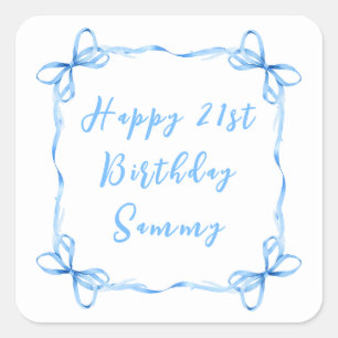 Pegatina Cuadrada Blue Coquette Ribbon Happy Birday