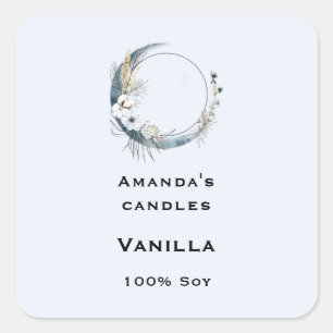 Pegatina Cuadrada Blue Crescent Moon White Flowers Candle Business