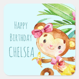 Pegatina Cuadrada Blue Cute Monkey Personalizado Cumpleaños Feliz