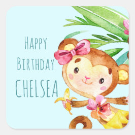 Pegatina Cuadrada Blue Cute Monkey Personalizado Cumpleaños Feliz