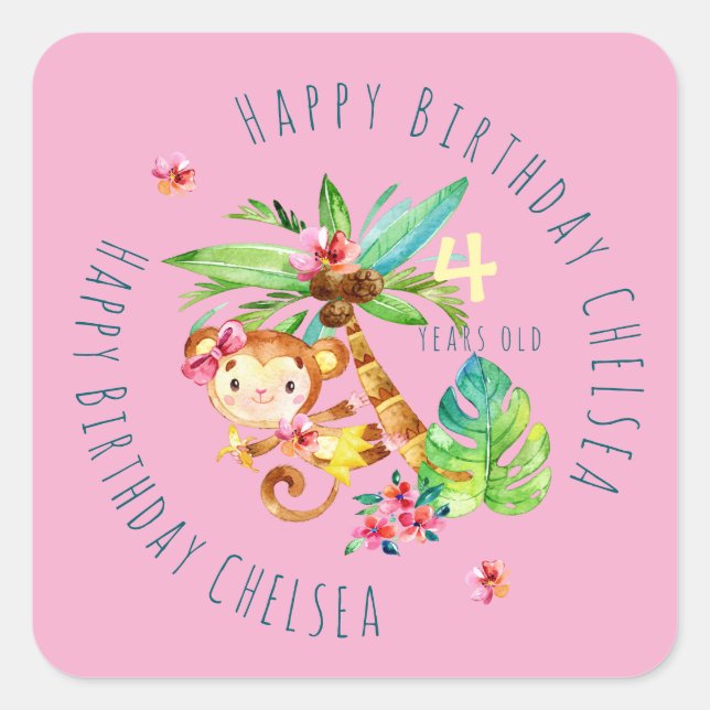 Pegatina Cuadrada Blue Cute Monkey Personalized Happy Birthday (Anverso)