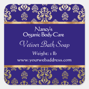Pegatina Cuadrada Blue damask & gold foil soap & cosmetics label - 2