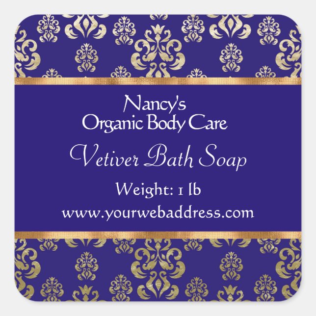 Pegatina Cuadrada Blue damask & gold foil soap & cosmetics label - 2 (Anverso)