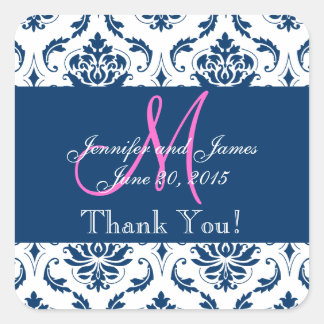 Pegatina Cuadrada Blue Damask Wedding Favor de Gracias