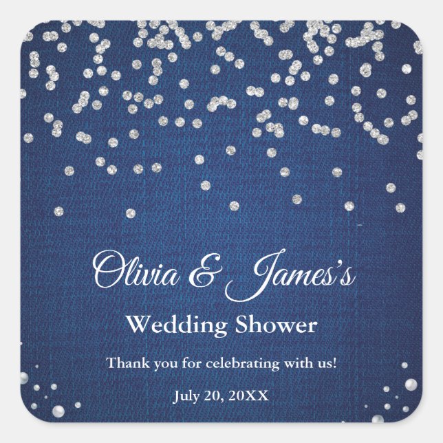 Pegatina Cuadrada Blue Denim Diamonds Pearls Couple's Wedding Shower (Anverso)