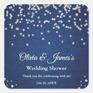 Pegatina Cuadrada Blue Denim Diamonds Pearls Couple's Wedding Shower