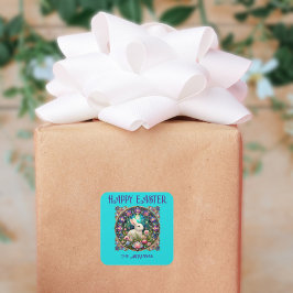 Pegatina Cuadrada Blue Easter Bunny Art Nouveau Vidrio Manchado