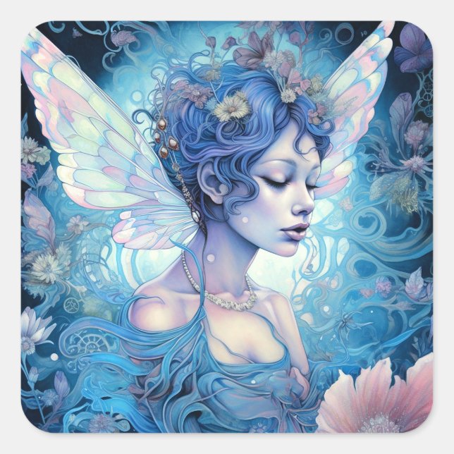 Pegatina Cuadrada Blue Fairy Fantasy Art (Anverso)