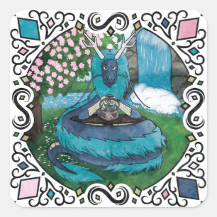 Pegatina Cuadrada Blue Fantasy Eastern Dragon Tea Time