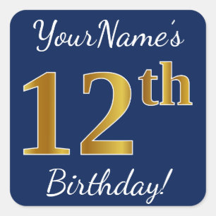 Pegatina Cuadrada Blue, Faux Gold 12th Birthday + Custom Name