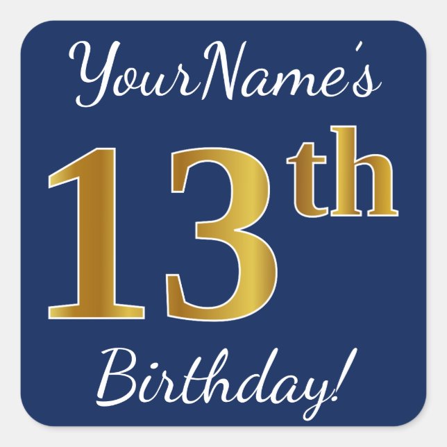 Pegatina Cuadrada Blue, Faux Gold 13th Birthday + Custom Name (Anverso)
