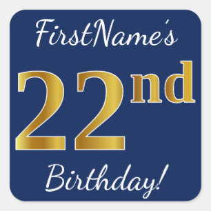Pegatina Cuadrada Blue, Faux Gold 22nd Birthday + Nombre personaliza