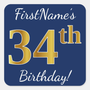 Pegatina Cuadrada Blue, Faux Gold 34th Birthday + Custom Name
