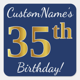 Pegatina Cuadrada Blue, Faux Gold 35th Birthday + Custom Name