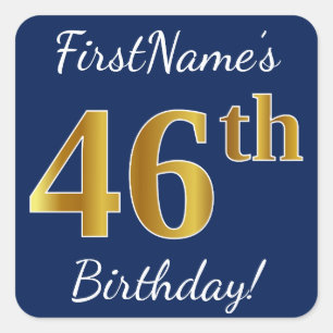 Pegatina Cuadrada Blue, Faux Gold 46th Birthday + Custom Name