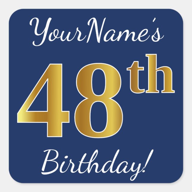 Pegatina Cuadrada Blue, Faux Gold 48th Birthday + Custom Name (Anverso)