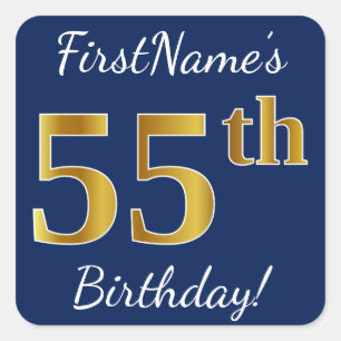 Pegatina Cuadrada Blue, Faux Gold 55th Birthday + Custom Name
