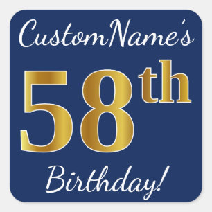 Pegatina Cuadrada Blue, Faux Gold 58th Birthday + Custom Name