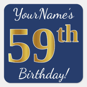 Pegatina Cuadrada Blue, Faux Gold 59th Birthday + Custom Name