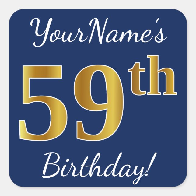 Pegatina Cuadrada Blue, Faux Gold 59th Birthday + Custom Name (Anverso)
