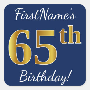 Pegatina Cuadrada Blue, Faux Gold 65th Birthday + Custom Name