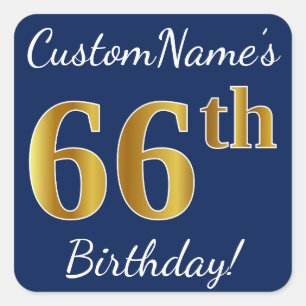 Pegatina Cuadrada Blue, Faux Gold 66th Birthday + Custom Name