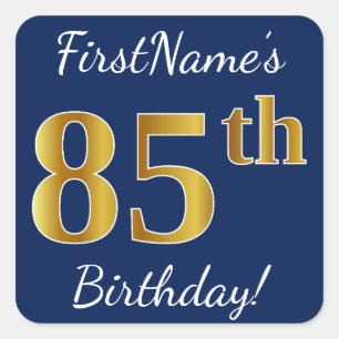 Pegatina Cuadrada Blue, Faux Gold 85th Birthday + Custom Name
