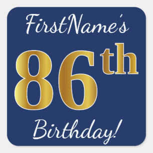Pegatina Cuadrada Blue, Faux Gold 86th Birthday + Custom Name