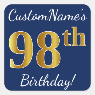 Pegatina Cuadrada Blue, Faux Gold 98th Birthday + Custom Name