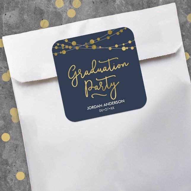 Pegatina Cuadrada Blue Faux Gold Strings of Lights Graduation Party (Subido por el creador)