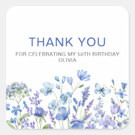 Pegatina Cuadrada Blue Floral 50 cumpleaños Gracias